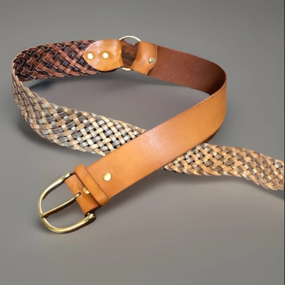 Vintage BOHO BRAIDED Tan Leather Brass Belt M